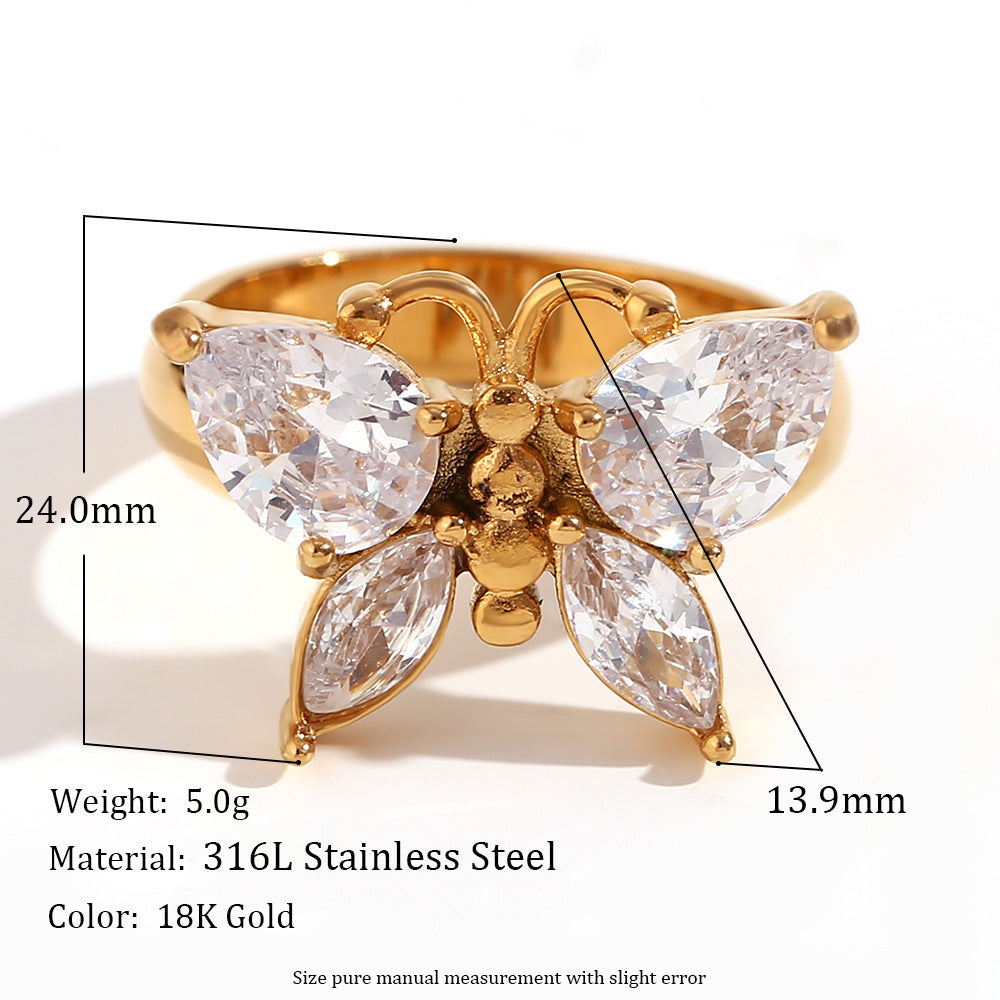 Fashion Zircon Butterfly Stainless Steel Plated 18K Gold Ring