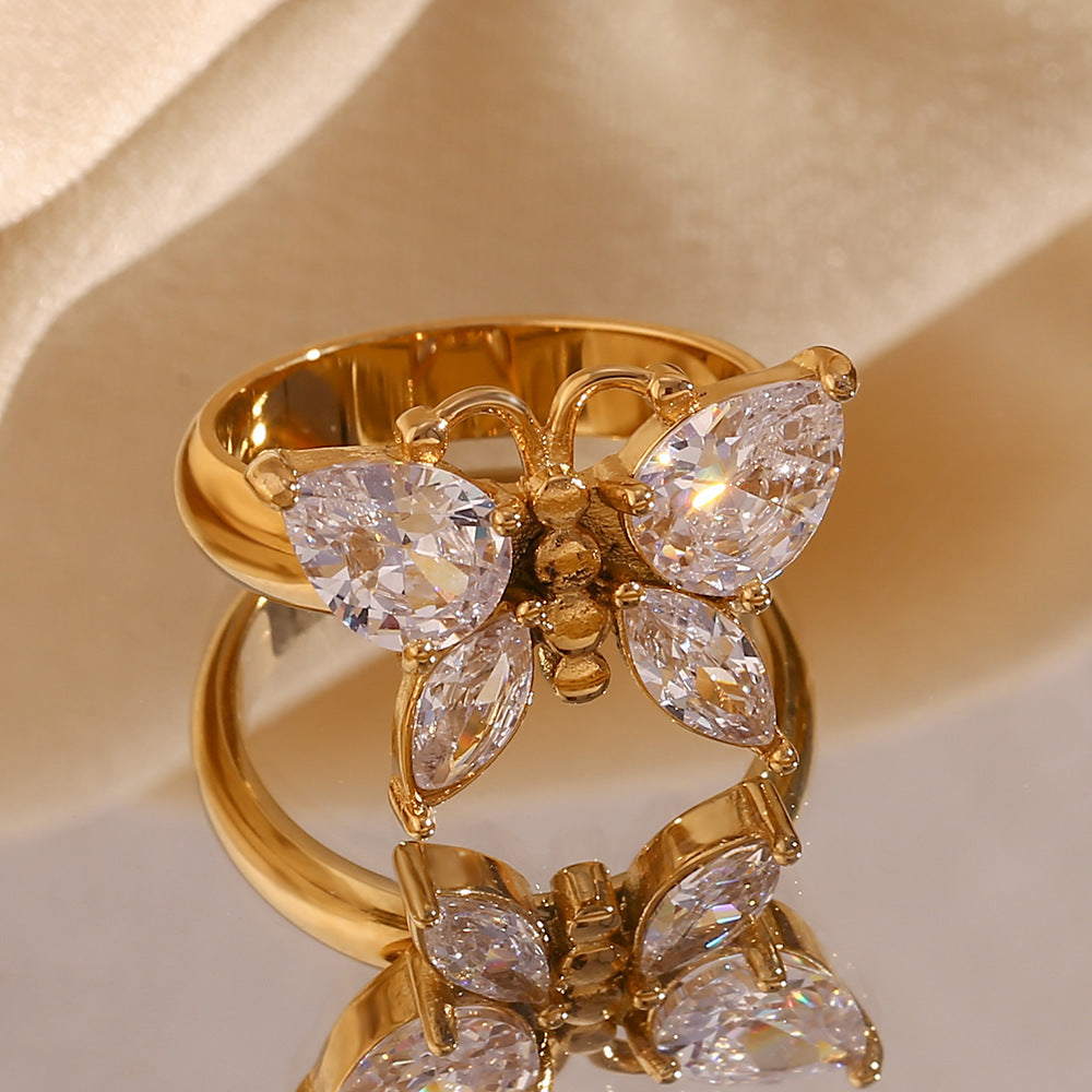 Fashion Zircon Butterfly Stainless Steel Plated 18K Gold Ring