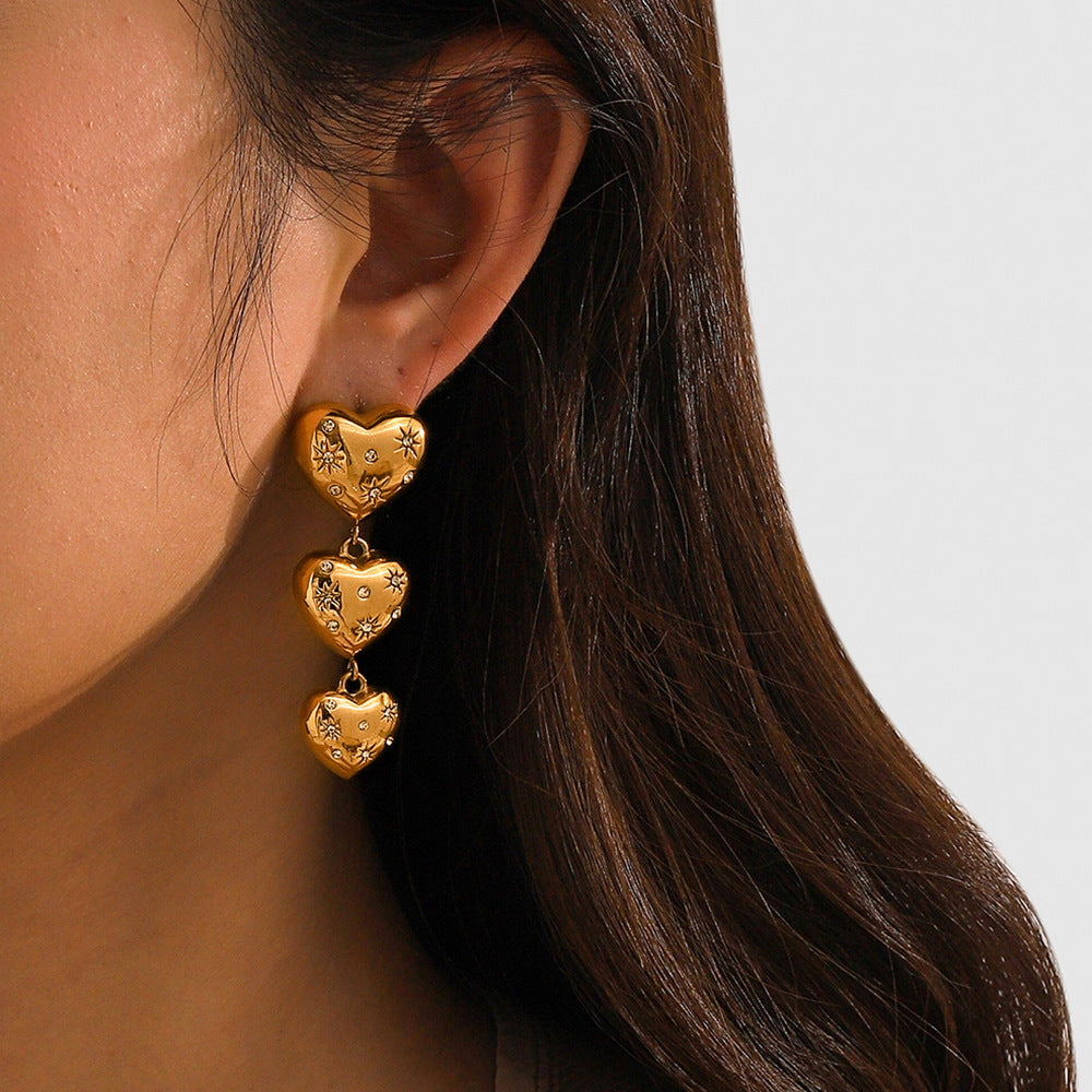 18K Gold Stainless Steel Heart-shaped Earrings With Stones