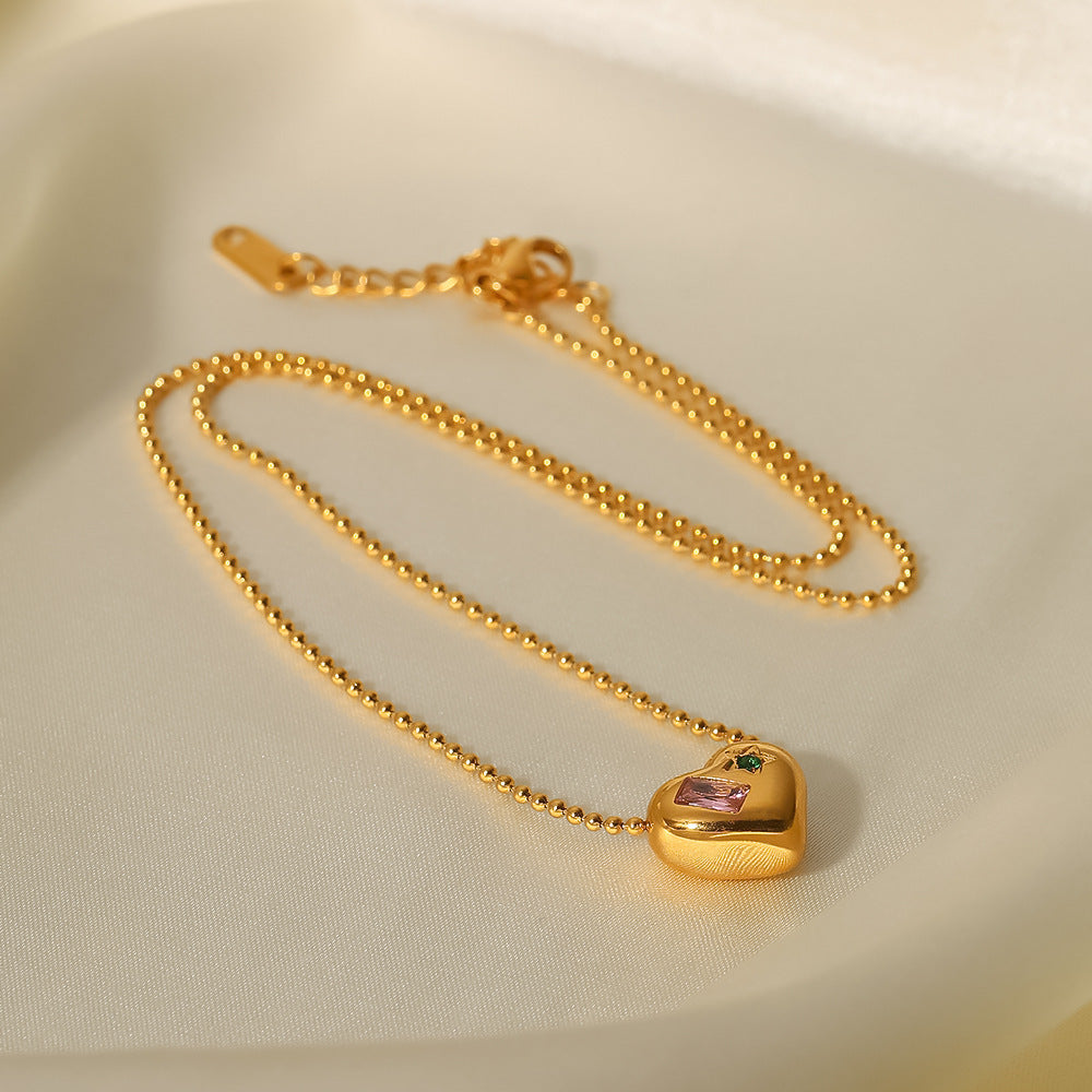 18K Gold Bead Chain With Heart Shaped Pendant