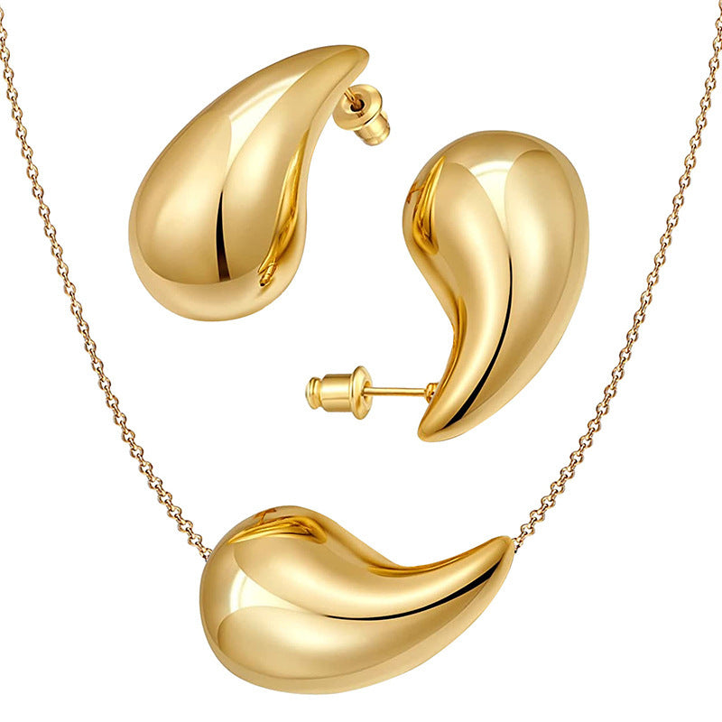 18K Thick Gold Hoop Earrings And Teardrop Hollow Necklace Set