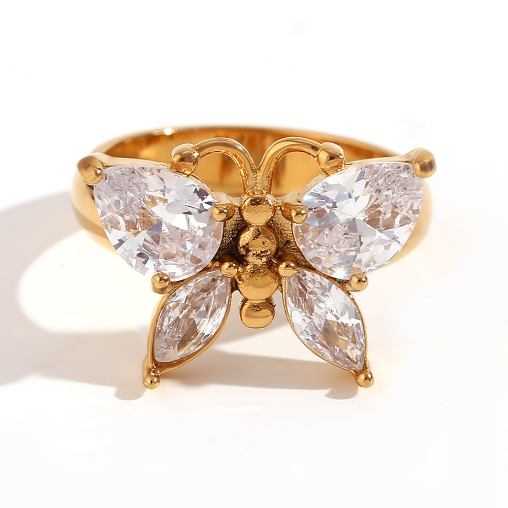 Fashion Zircon Butterfly Stainless Steel Plated 18K Gold Ring