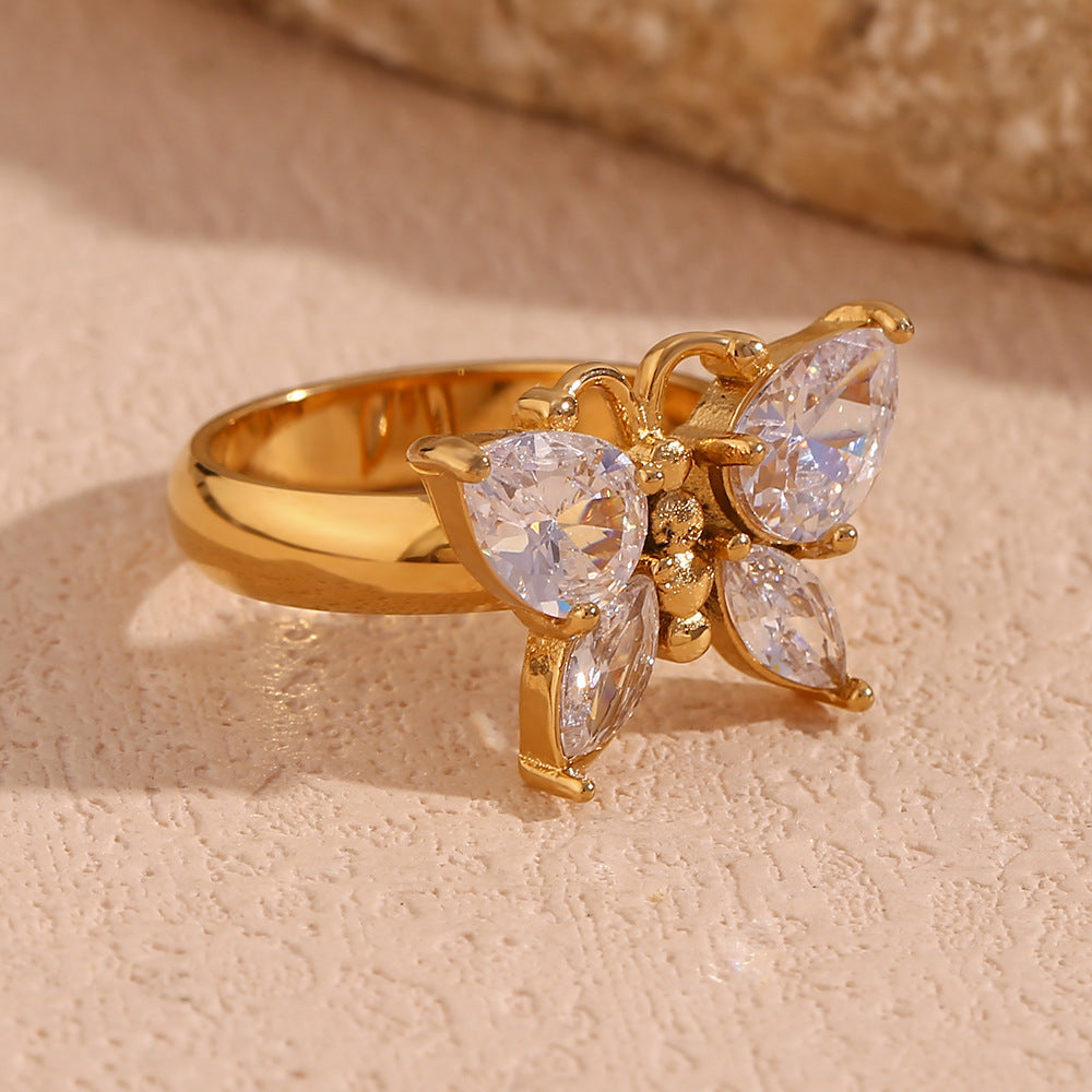 Fashion Zircon Butterfly Stainless Steel Plated 18K Gold Ring