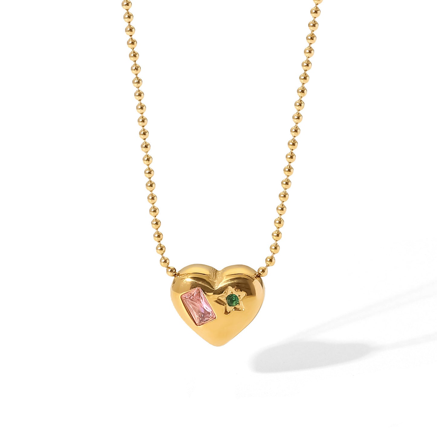 18K Gold Bead Chain With Heart Shaped Pendant