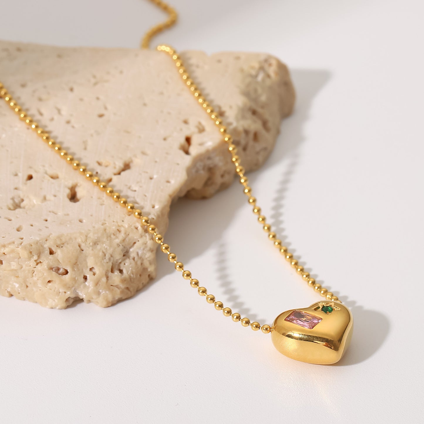 18K Gold Bead Chain With Heart Shaped Pendant