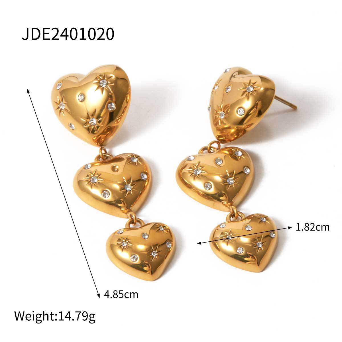 18K Gold Stainless Steel Heart-shaped Earrings With Stones