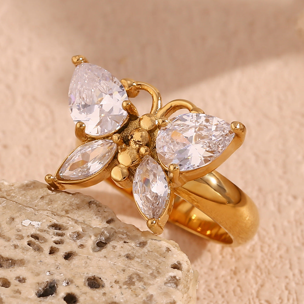 Fashion Zircon Butterfly Stainless Steel Plated 18K Gold Ring