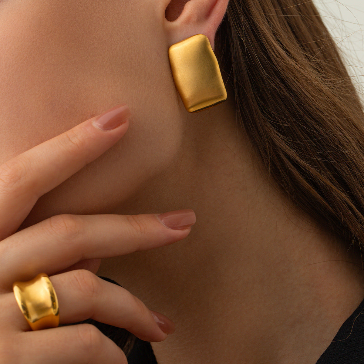 Retro 18K Gold Rectangular Matte Brushed Earrings