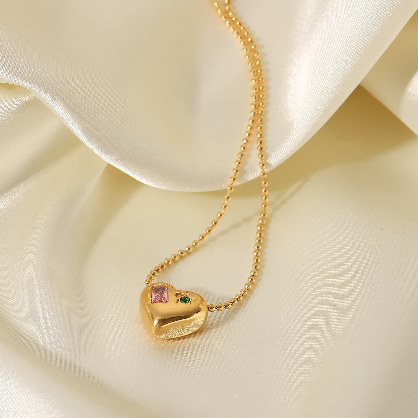 18K Gold Bead Chain With Heart Shaped Pendant